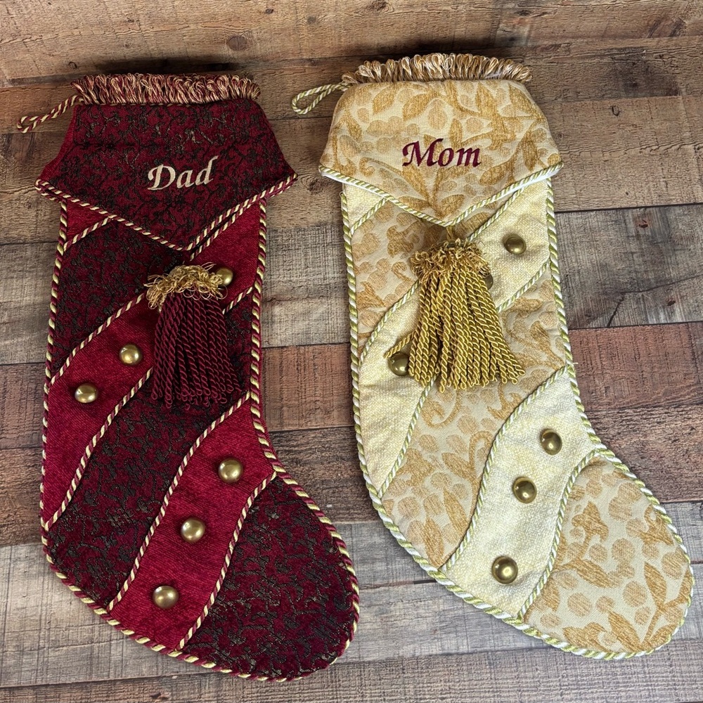 Pair Of Large Elegant Christmas Stockings Burgundy Gold Tassels Mom Dad Tapestry